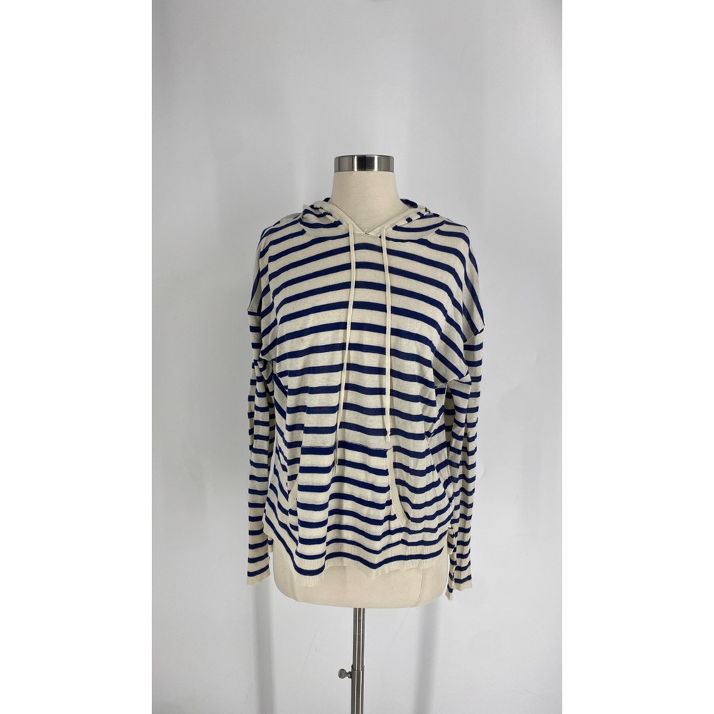 Nili Lotan Cream and Navy Striped Long Sleeve Hooded Tee